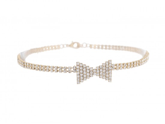 Gold Clear Crystal Bow 2 Line Choker Necklace