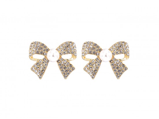 Gold Pearl Crystal Bow Post Earring Gold Pearl Crystal Bow Post Earring