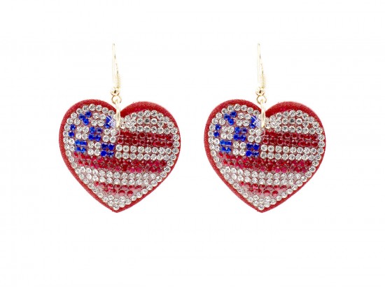USA Flag Crystal Heart Puffy Hook Earrings USA Flag Crystal Heart Puffy Hook Earrings