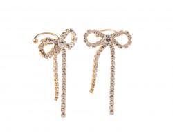 Gold Crystal Bow Long Tail Earring Cuffs