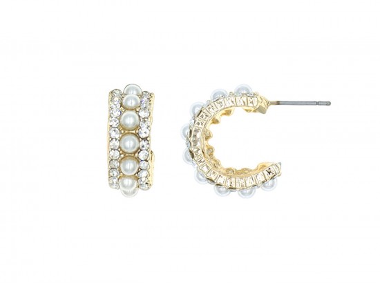 Gold Pearl Crystal Hoop Post Earrings