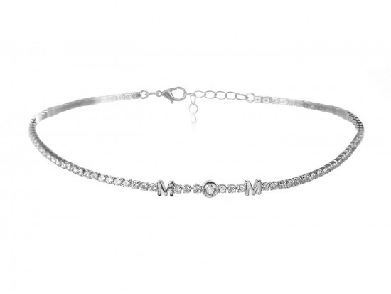 Silver CZ Crystal MOM Choker Necklace
