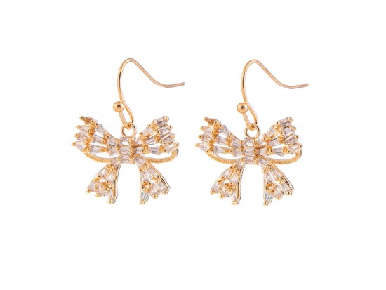 Gold CZ Crystal Bow Hook Earrings