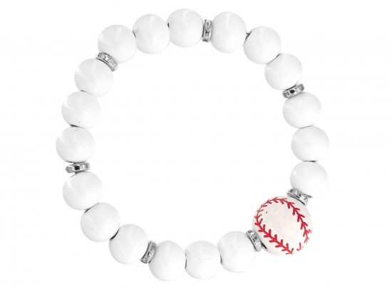 White Baseball Red Stitching Silver Stretch Bracelet