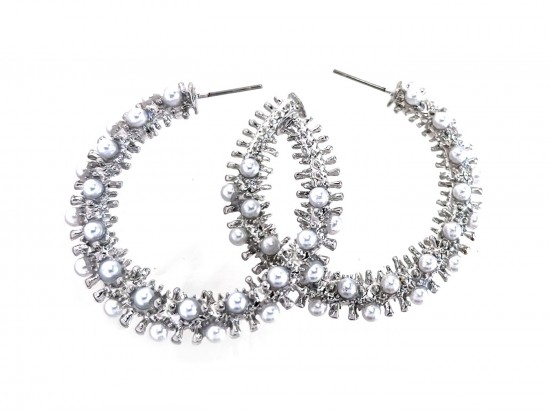 Silver Texture Pearl Hoop Post Earrings