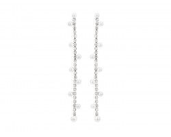 Silver Crystal Pearl Long Stationed Post Earrings