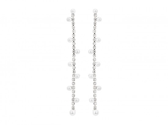 Silver Crystal Pearl Long Stationed Post Earrings