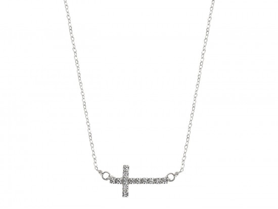 Silver Crystal Sideways Cross Necklace