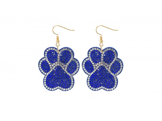 Blue Crystal Paw Print Puffy Hook Earrings
