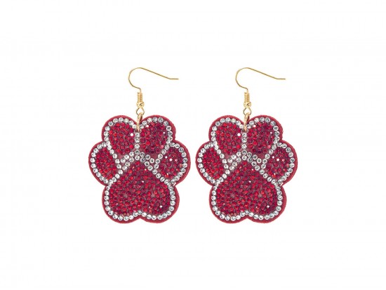 Red Crystal Paw Print Puffy Hook Earrings