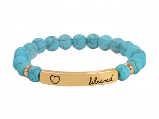 Turq Beaded Blessed Gold Bar Stretch Bracelet Turq Beaded Blessed Gold Bar Stretch Bracelet