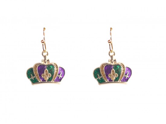 Mardi Gras Glitter Crown Hook Earrings