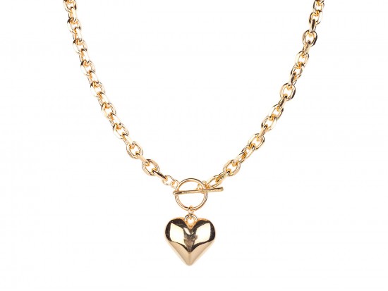 Gold Puff Heart Curb Chain Toggle Necklace