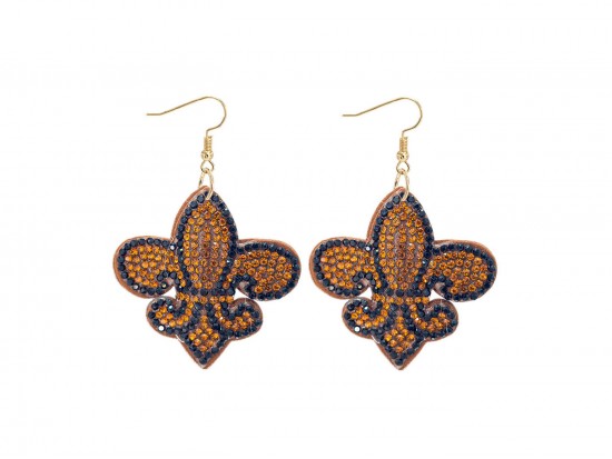 Dark Gold Crystal Fleur De Lis Puffy Hook Earrings Dark Gold Crystal Fleur De Lis Puffy Hook Earrings