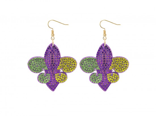 Mardi Gras Crystal Fleur De Lis Puffy Hook Earrings