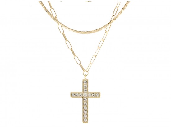 Gold Crystal Cross Double Chain Necklace