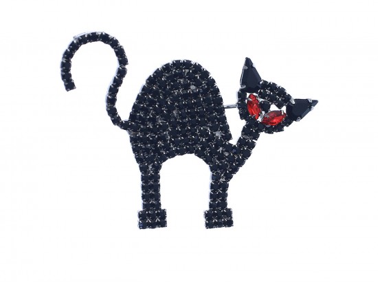 Black Crystal Halloween Cat Bar Pin Brooch