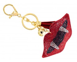 Red Crystal Dracula Fangs Lips Puffy Key Chain.