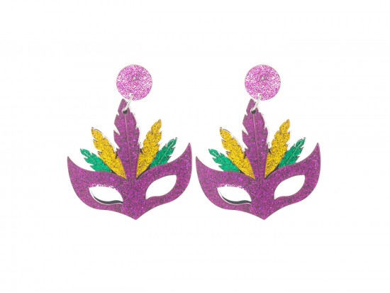 Mardi Gras Glitter Feather Mask Dangle Post Earrings