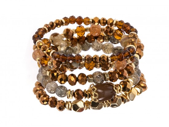 Brown Stone Bead Stretch Bracelets 5pcs