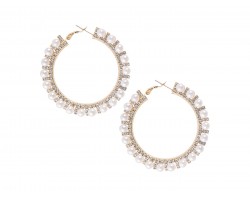 Gold White Pearl 50mm Hoop Post Earrings