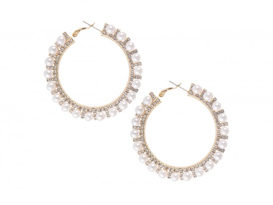 Gold White Pearl 50mm Hoop Post Earrings Gold White Pearl 50mm Hoop Post Earrings