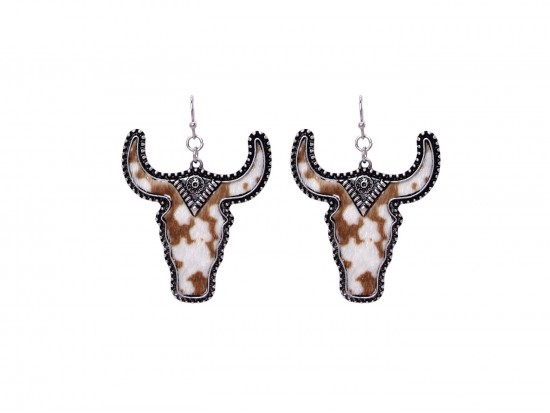 Brown Cow Print Fur Skull Hook Earrings Brown Cow Print Fur Skull Hook Earrings