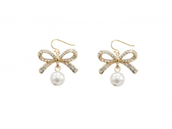 Gold Crystal Bow Freshwater Pearl Drop Hook Earring