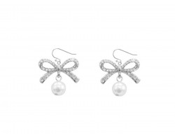 Silver Crystal Bow Freshwater Pearl Drop Hook Earring