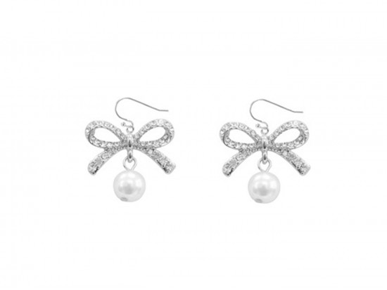 Silver Crystal Bow Freshwater Pearl Drop Hook Earring