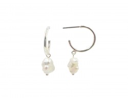 Silver Freshwater Pearl Drop Hoop Post Earrings