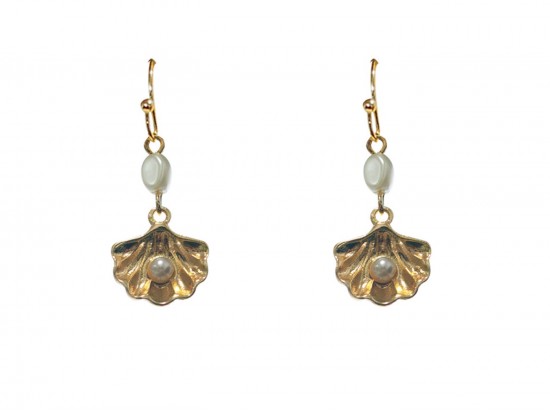 Gold Oyster Shell Pearl Dangle Hook Earrings