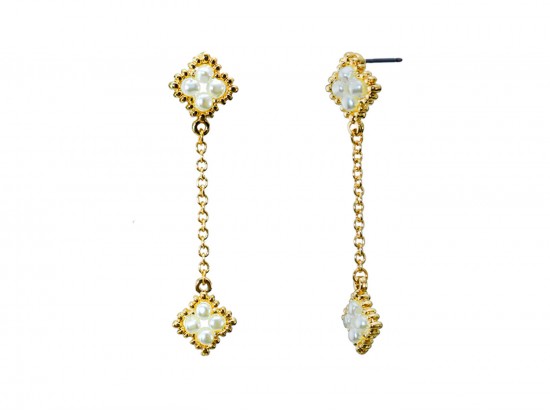 White Pearl Bead Clover Dangle Post Earring White Pearl Bead Clover Dangle Post Earring