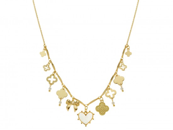 Gold Clover Bow Heart Charm Necklace