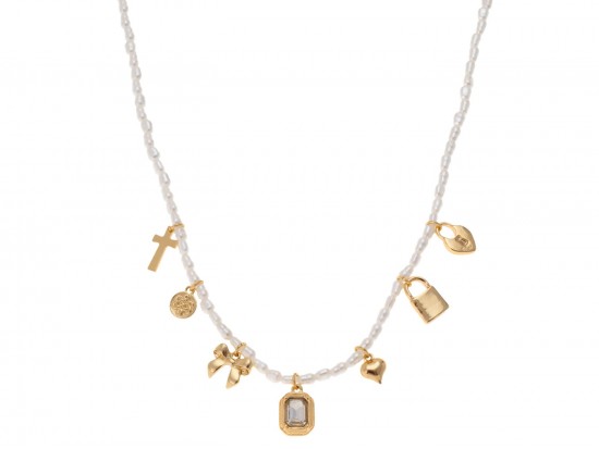 White Pearl Baguette Bow Heart Charm Necklace