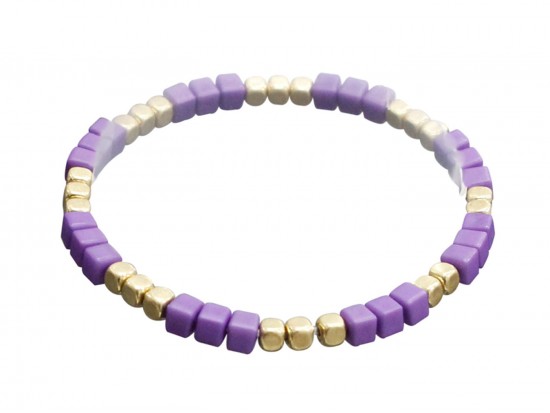 Purple Cube Beads Gold Stretch Bracelet