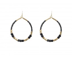 Black Cube Beads Gold Hoop Hook Earrings