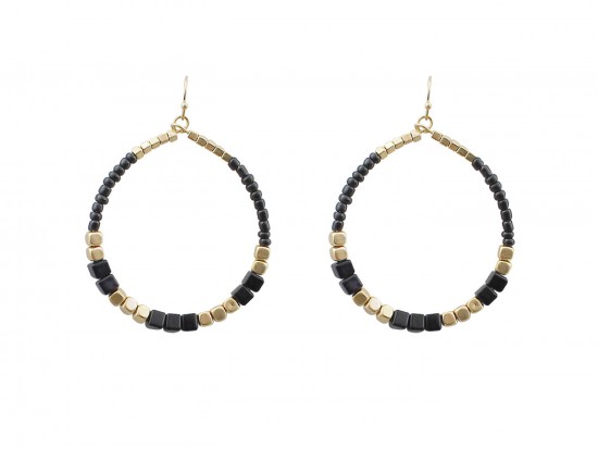 Black Cube Beads Gold Hoop Hook Earrings Black Cube Beads Gold Hoop Hook Earrings