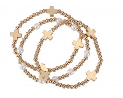 Gold Bead Peal Cross Stretch Bracelet 3pc