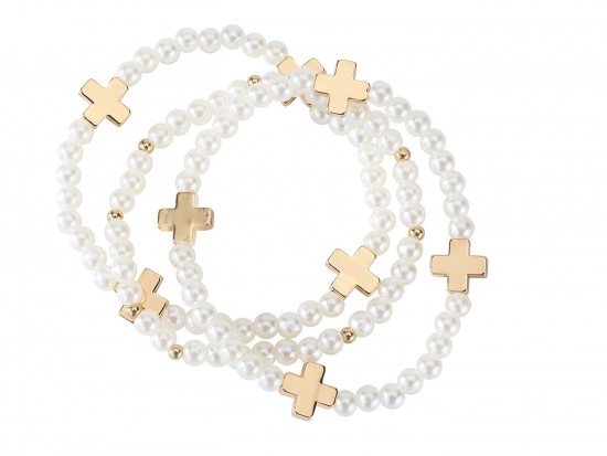 White Pearl Cross Stretch Bracelet 3pc