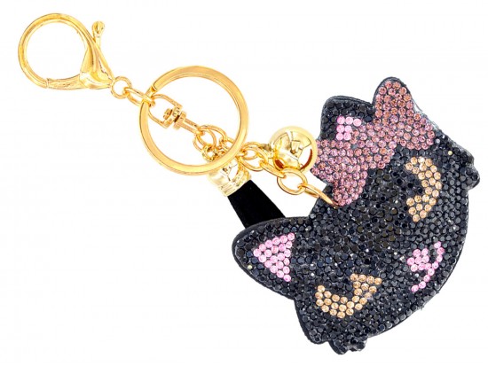 Black Crystal Cat Bow Puffy Key Chain Black Crystal Cat Bow Puffy Key Chain
