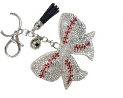 White Crystal Bow Baseball Theme Puffy Keychain