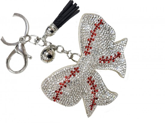 White Crystal Bow Baseball Theme Puffy Keychain