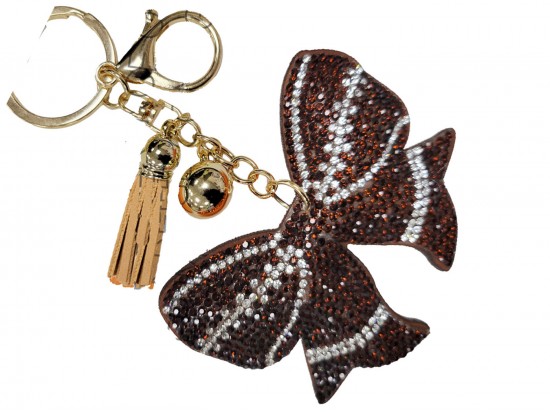 Brown Crystal Bow Football Theme Puffy Keychain