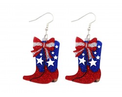 USA Flag Theme Glitter Cowboy Boots Hook Earrings