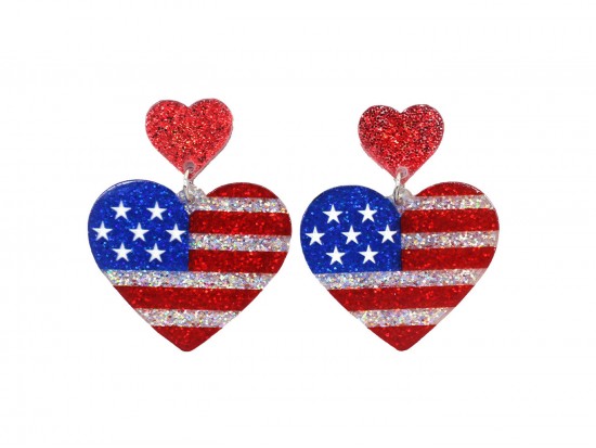 USA Flag Theme Glitter Heart Post Earrings