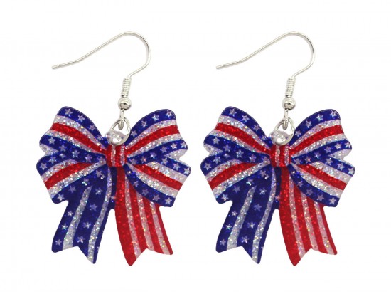 USA Flag Theme Bow Glitter Hook Earrings USA Flag Theme Bow Glitter Hook Earrings