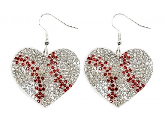 White Crystal Baseball Heart Puffy Earrings