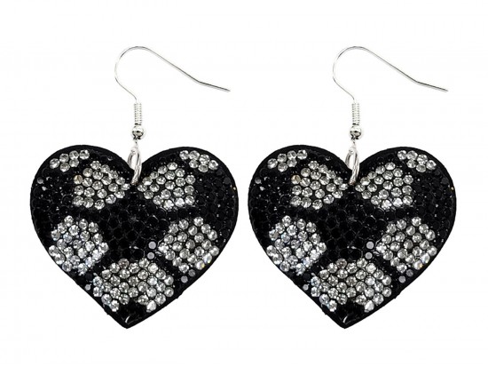 Black White Crystal Soccer Ball Heart Puffy Earrings