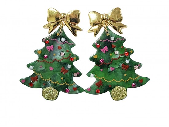 Christmas Tree Bow Dangle Post Earrings